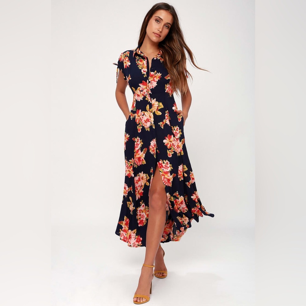 Lulus I'm Worth It Blue Floral Print Short Sleeve Midi Dress Button Front XL